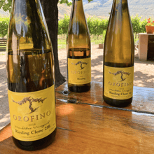 Load image into Gallery viewer, Three distinct bottles of Riesling from Orofino Winery in the Similkameen Valley stand on a picnic table with vineyards and moutains in the background. The image showcases the diverse expressions of this noble grape variety, each representing a unique clone and reflecting the valley's terroir. | Farm to Glass Wine Tours