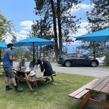 Load image into Gallery viewer, Four guests sit at a picnic table under a blue umbrella to beat the heat of the Okanagan sun while they are being told the history and story of Daydreamer wines in Naramata, BC by the tasting room employee.  The tasting area is surrounded by ponderosa trees and a dark grey Tesla Model Y of Farm to Glass Wine Tours is parked in the background. 
