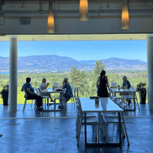 Load image into Gallery viewer, The sleek lines of a concrete built tasting room contrasts against the green of the vineyards and trees and the blues of the sky and distant moutains while guests sit at tables being guilding on wine tastings at the regeneratively farmed, organic vineyards of Tantalus winery in the Okanagan Valley. | Farm to Glass Wine Tours
