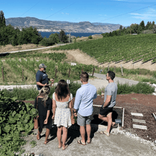 Load image into Gallery viewer, Jay Drysdale, owner and winemaker of Bella Wines in Naramata, BC chats with 4 guests about regenerative farming on the hillside overlooking rows of Gamay and Chardonnay on their estate property.  The vines are hugged by a bounty of cover crops, which is key to a healthy vineyard with a variety of trees along the property line and Okanagan Lake and the moutains of Summerland, BC in the background.  | Farm to Glass Wine Tours
